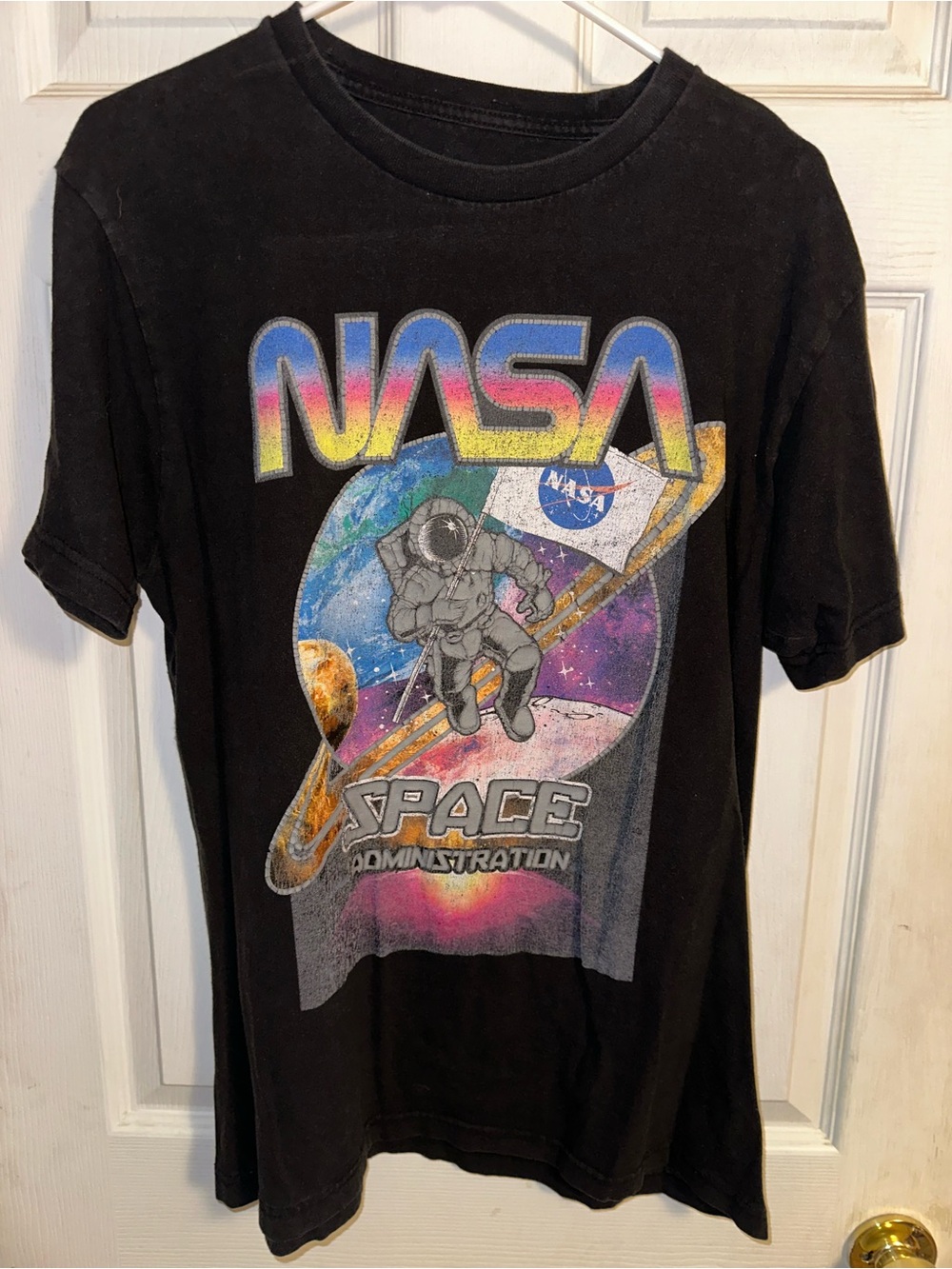 NASA Black Graphic Tee with Astronaut & Planet Design